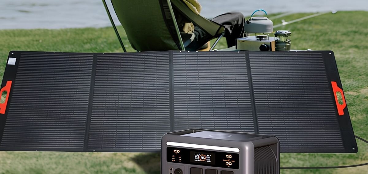 Panel fotowoltaiczny OSCAL PM400 Pro 400W, panel, trawa, stacja, outdoor, Oscal PM400 Pro rozłożony na trawie, z szarą stacją zasilania przed panelem.