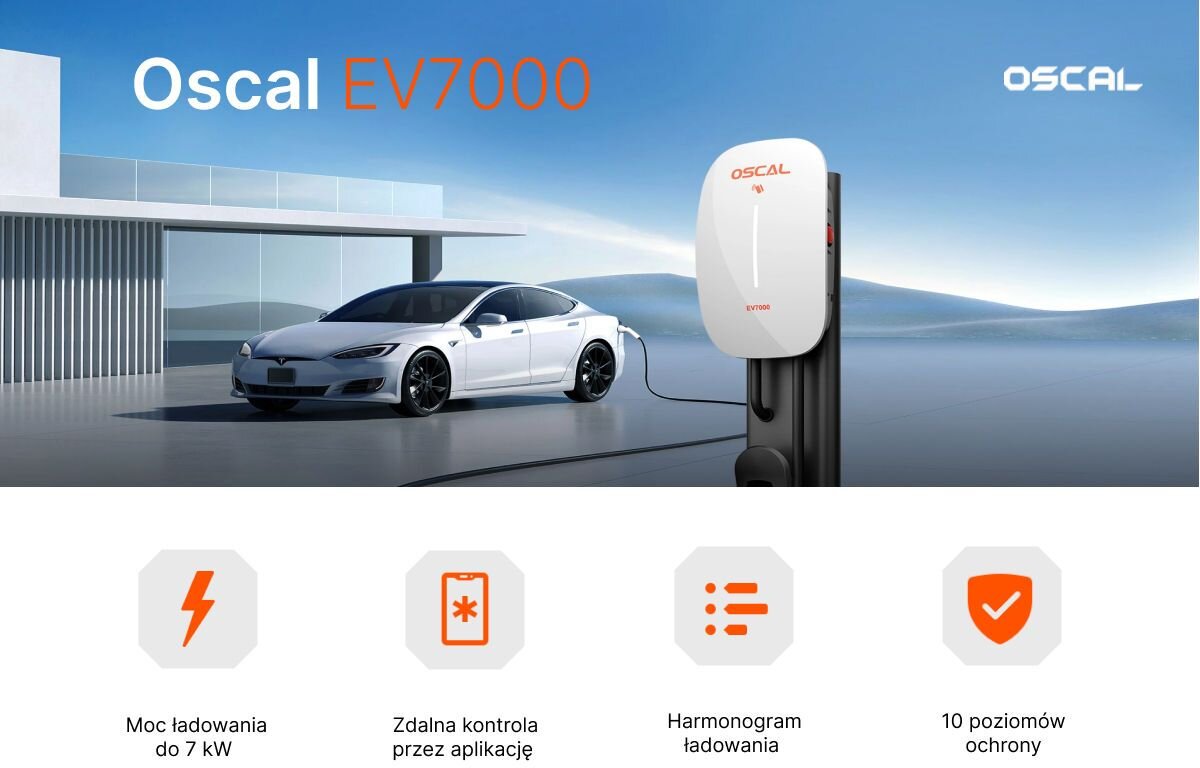 Ładowarka do samochodu elektrycznego OSCAL EV7000 7000W 32A, ładowarka, samochód, dom, ikony, Oscal EV7000 przy białym samochodzie i domu, poniżej ikony symbolizujące najważniejsze cechy, jak moc ładowania, zdalna kontrola przez aplikację, 10 poziomów ochrony czy opcja harmonogramu ładowania.