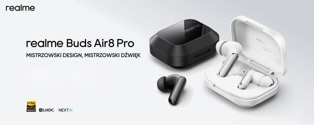Na obrazie widoczne są słuchawki dokanałowe w dwóch kolorach: czarnym i białym, wraz z etui ładującymi. Tekst na obrazie: \'realme Buds Air8 Pro MISTRZOWSKI DESIGN, MISTRZOWSKI DŹWIĘK\'.