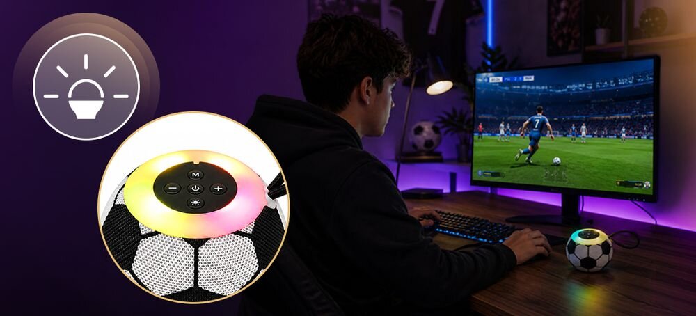 Głośnik mobilny MUSICMATE SB30-B FootballBeat Bluetooth 5 W akumulator 800 mAh RGB LED radio FM USB karta micro SD, głośnik stojący na stole w pomieszczeniu