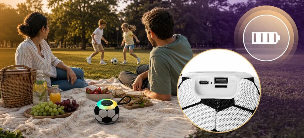 Głośnik mobilny MUSICMATE SB30-B FootballBeat kompaktowy głośnik 250 g pasmo 20 Hz 20 kHz, głośnik stojący na kocu w plenerze