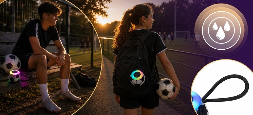 Głośnik mobilny MUSICMATE SB30-B FootballBeat podświetlenie RGB LED 10 trybów regulacja głośności, dwa kadry głośnika zawieszonego przy plecaku , oraz stojącego na ławce