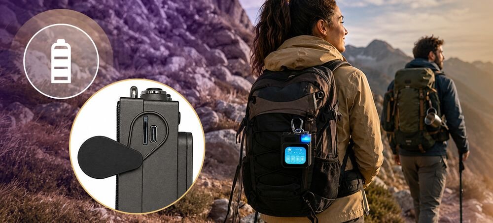 Głośnik mobilny MUSICMATE SB50-B SurviWave Bluetooth 5.4 metalowa obudowa dotykowy ekran RGB LED slot microsd, głośnik zapięty przy plecaku
