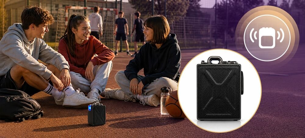 Głośnik mobilny MUSICMATE SB50-B SurviWave sterowanie aplikacją dotykowy ekran Bluetooth 5.4 zasięg 15 m, głosnik stojący na boisku wielofunkcyjnym
