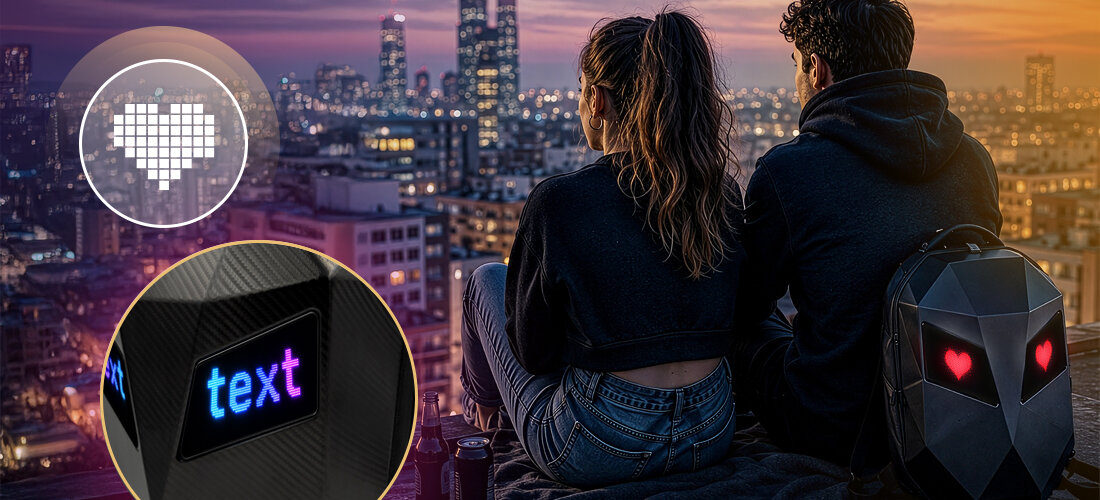 Plecak na laptopa MUSICMATE MM-BP45 CarbonPhantom 15.6 cali Bluetooth aplikacja LOY EYES ekran LED pojemna komora, osoby siedzące na dachu budynku, plecak oparty o plecy jednej z osób