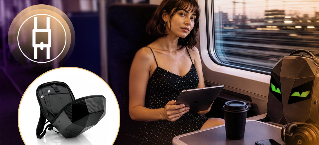 Plecak na laptopa MUSICMATE MM-BP45 CarbonPhantom 15.6 cali twarda obudowa odporność na zachlapania matowa czerń, osoba siedząca w pociągu, plecak oparty o szybę pociągu