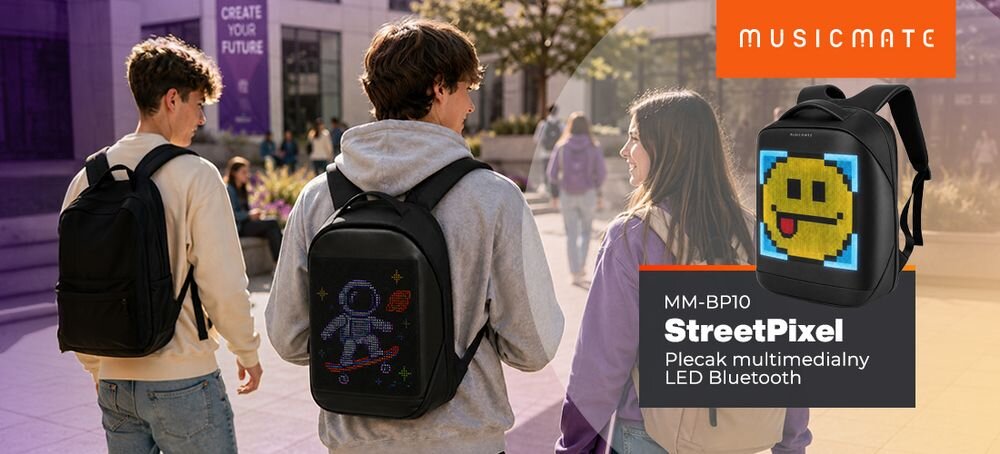 Plecak na laptopa MUSICMATE MM-BP10 StreetPixel 15.6 cali plecak multimedialny LED Bluetooth z programowalnym ekranem, osoba z założonym plecakiem