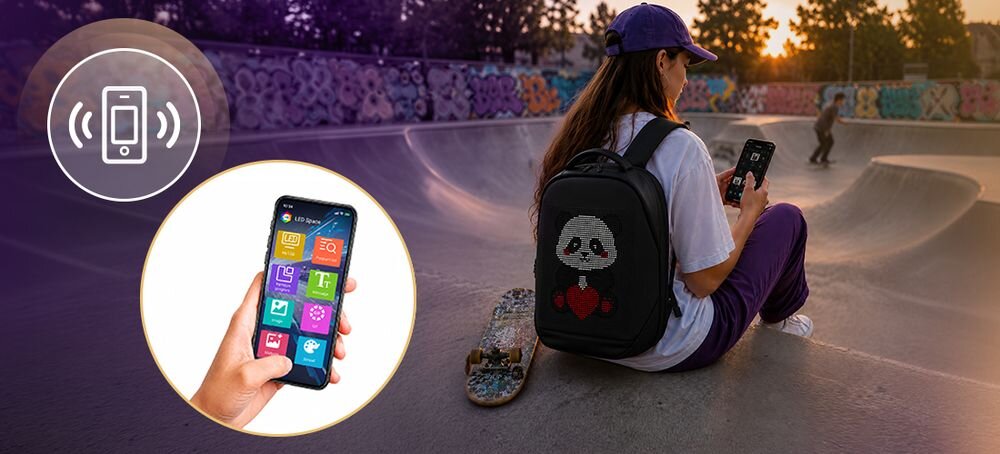 Plecak na laptopa MUSICMATE MM-BP10 StreetPixel 15.6 cali ekran LED Bluetooth Wi-Fi hydrofobowa powierzchnia, osoba z założonym plecakiem