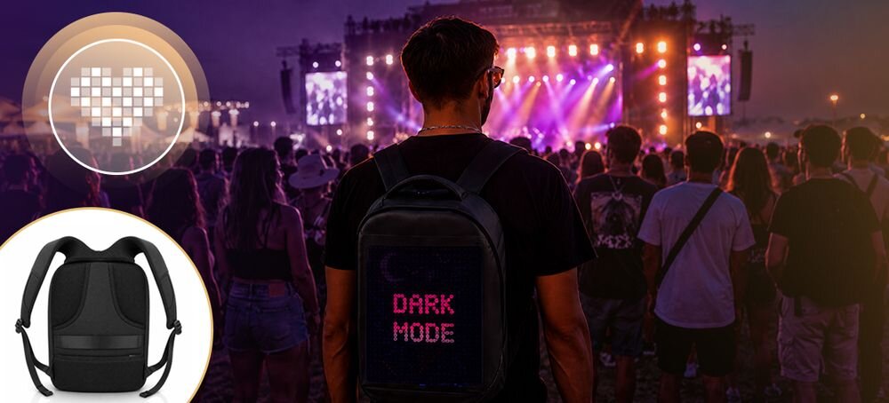 Plecak na laptopa MUSICMATE MM-BP10 StreetPixel 15.6 cali dzielenie ekranu panel LED pixel zdjęcia animacje, osoba z założonym plecakiem na koncercie