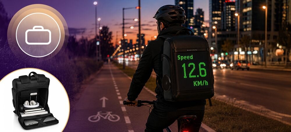 Osoba na rowerze nosi plecak z wyświetlaczem pokazującym \'Speed 12.6 KM/H\', jadąc po ścieżce rowerowej w mieście o zmierzchu. W lewym dolnym rogu widoczny jest otwarty plecak z przegródkami na urządzenia elektroniczne.