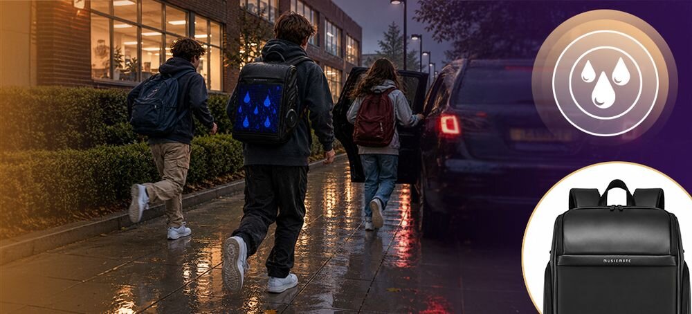 Trzy osoby idą po mokrej nawierzchni, nosząc plecaki, z których jeden ma świecący wzór. Obok znajduje się okrągła ikona z kroplami wody oraz zdjęcie czarnego plecaka z napisem \'MUSICMATE\'.