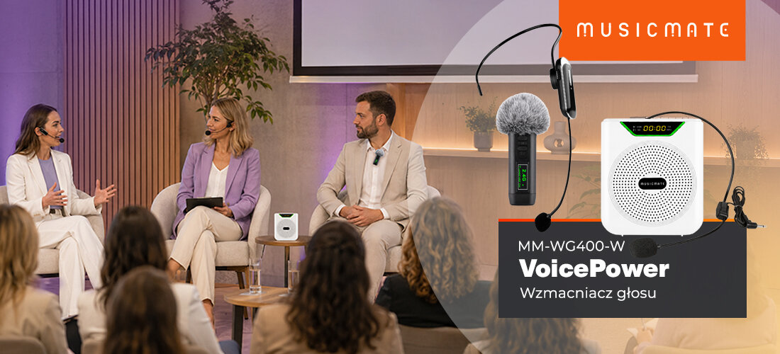 Wzmacniacz głosu MUSICMATE MM-WG400-W VoicePower mobilne nagłośnienie 30 W trzy mikrofony Bluetooth, osoby z założonym urządzeniem