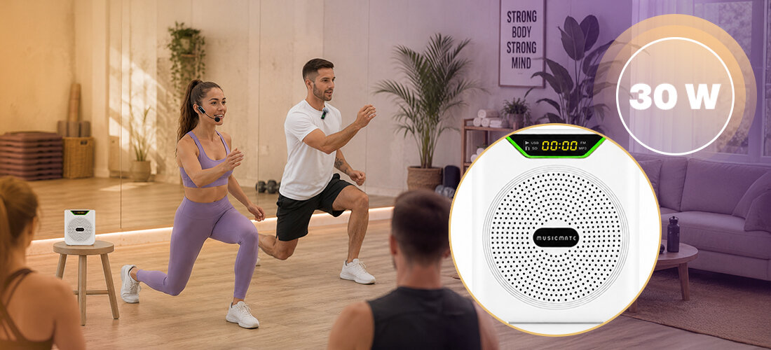Wzmacniacz głosu MUSICMATE MM-WG400-W VoicePower mikrofon nagłowny przewodowy bezprzewodowy mikrofon krawatowy, osoby z założonym urządzeniem