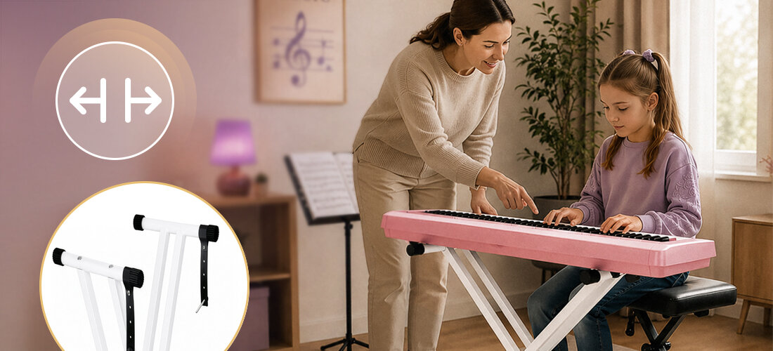 Statyw klawiszowy MUSICMATE MM-A76 PrestoBianco podwójne profile regulacja wysokości gumowe zakończenia, dziecko grające na keyboardzie położonym na statywie