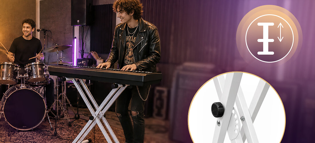 Statyw klawiszowy MUSICMATE MM-A76 PrestoBianco regulacja 7 stopni udźwig 30 kg wymiary, osoba grająca na keyboardzie położonym na statywie