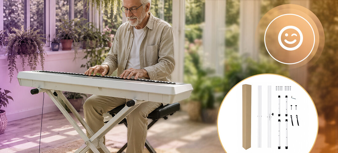Statyw klawiszowy MUSICMATE MM-A76 PrestoBianco składana konstrukcja waga 2.55 kg udźwig 30 kg, osoba grająca na keyboardzie położonym na statywie