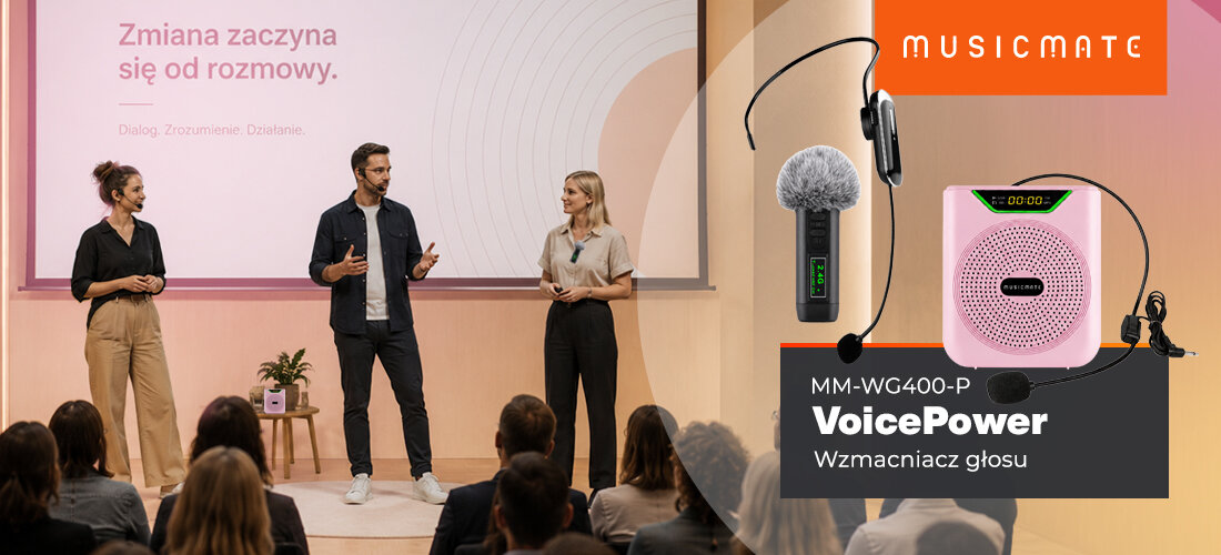 Wzmacniacz głosu MUSICMATE MM-WG400-P VoicePower mobilne nagłośnienie 30 W trzy mikrofony Bluetooth, osoby z założonym urządzeniem