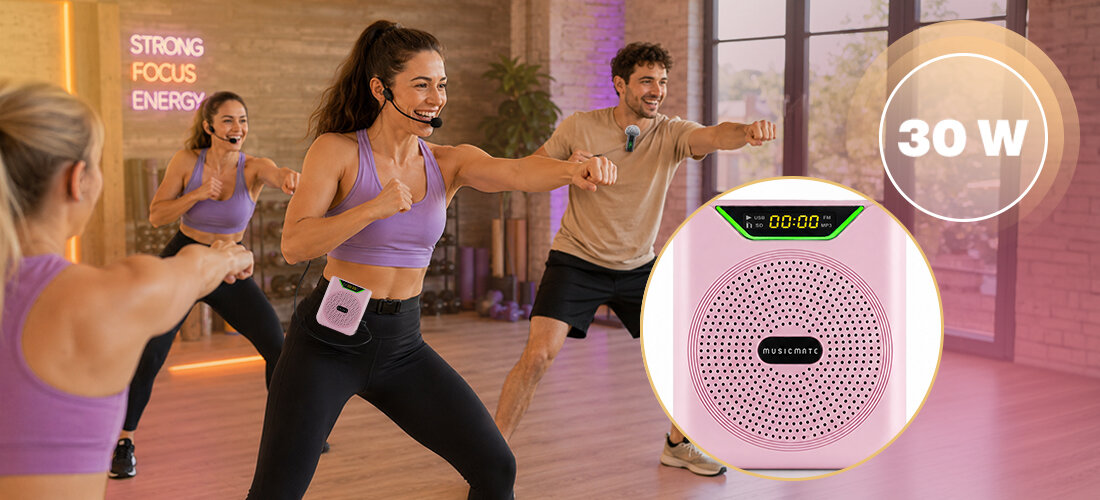 Wzmacniacz głosu MUSICMATE MM-WG400-P VoicePower mikrofon nagłowny przewodowy bezprzewodowy mikrofon krawatowy, osoby z założonym urządzeniem