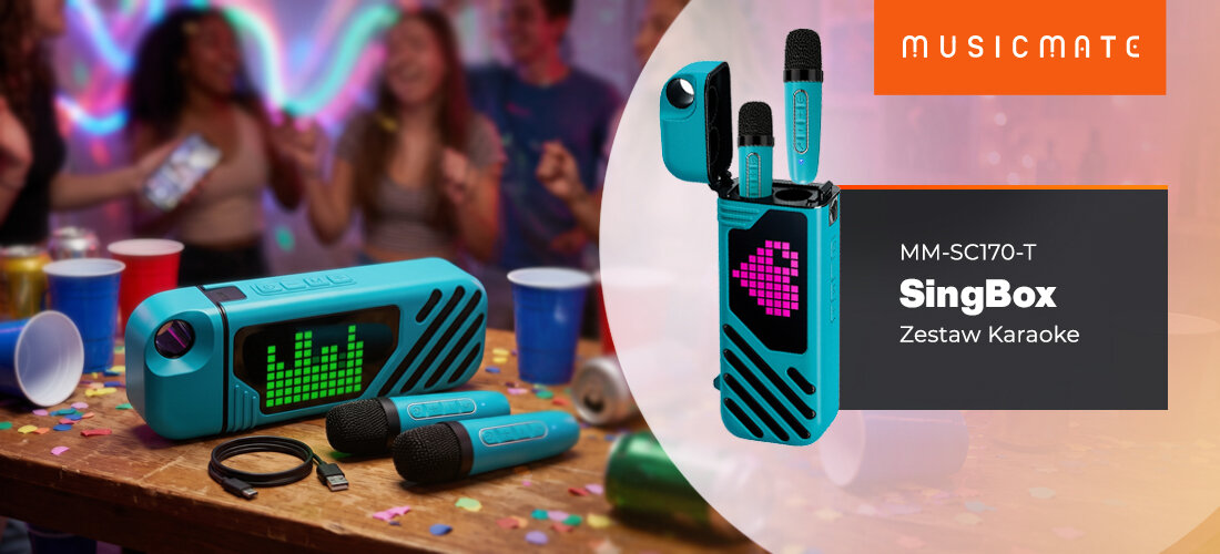Zestaw karaoke MUSICMATE MM-SC170-T SingBox głośnik Bluetooth mikrofony bezprzewodowe ekran LED, zestaw leżący na stole
