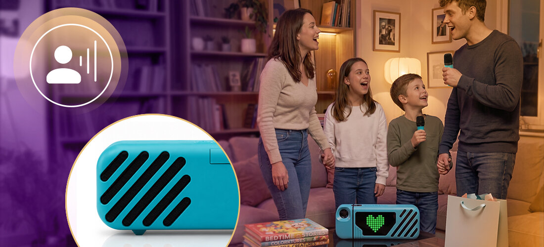 Zestaw karaoke MUSICMATE MM-SC170-T SingBox ekran LED 15 animacji pixelart kompaktowa konstrukcja, rodzina uczestnicząca w karaoke, urządzenie stojące na stole