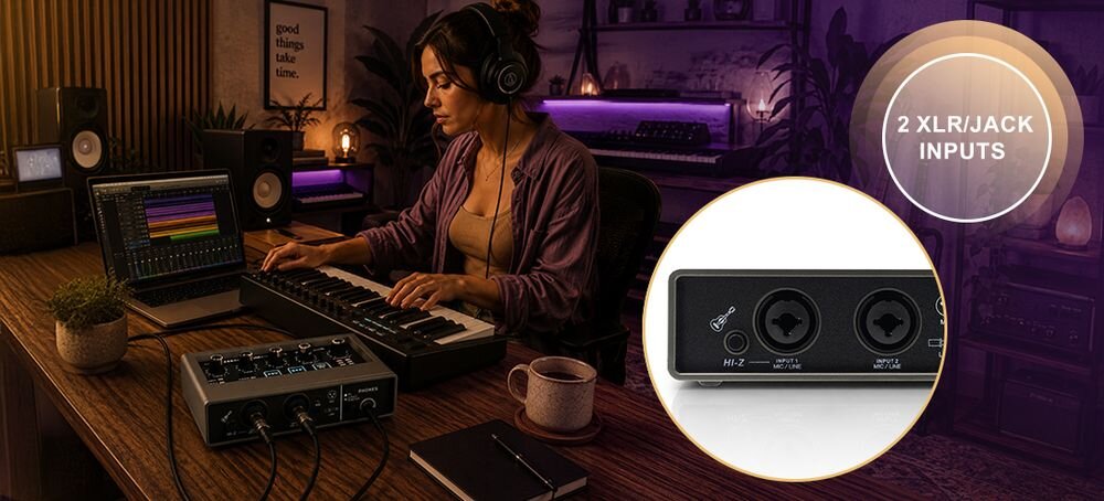 Osoba siedzi przy biurku z laptopem i klawiaturą MIDI, nosząc słuchawki. Obok znajduje się interfejs audio z napisem \'2 XLR/JACK INPUTS\'.