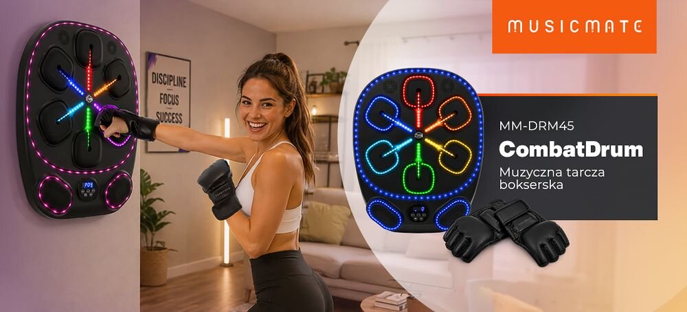 Kobieta uderza w muzyczną tarczę bokserską z kolorowymi światłami LED. Obok widoczny jest napis: \'MUSICMATE MM-DRM45 CombatDrum Muzyczna tarcza bokserska\'.