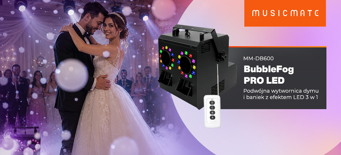 Wytwornica dymu i baniek MUSICMATE MM-DB600 BubbleFog Pro LED efekt sceniczny RGBW, para młoda tańcząca na weselu