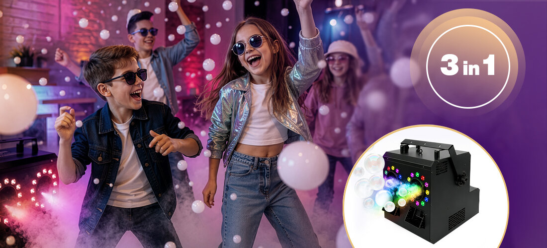 Wytwornica dymu i baniek MUSICMATE MM-DB600 BubbleFog Pro LED RGBW moc 900 W podwójna głowica, dzieci tańczące w dymie