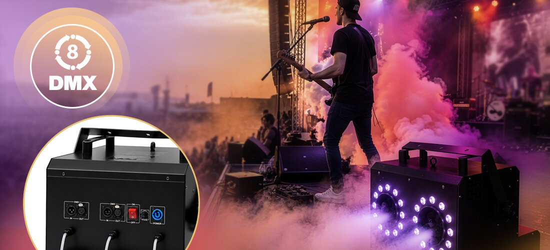 Wytwornica dymu i baniek MUSICMATE MM-DB600 BubbleFog Pro regulacja dymu LED timer, osoba z gitarą w ręku stojąca na scenie