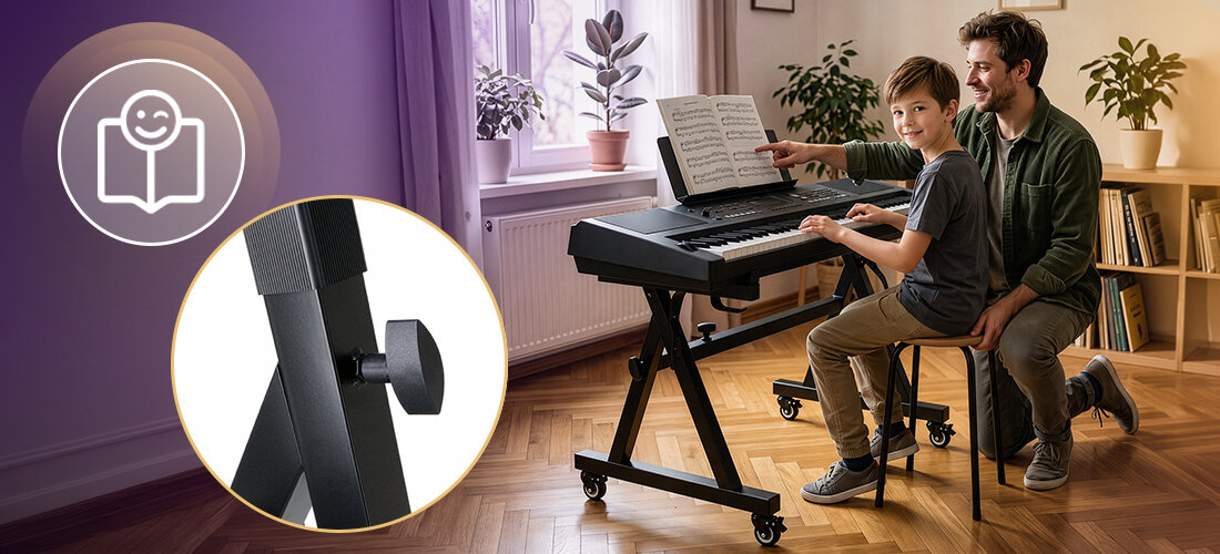 Statyw klawiszowy MUSICMATE MM-AK90 Crescendo, teleskopowa poprzeczka, regulacja wysokości, metalowa konstrukcja, dziecko grające na keyboardzie umiejscowionym na statywie