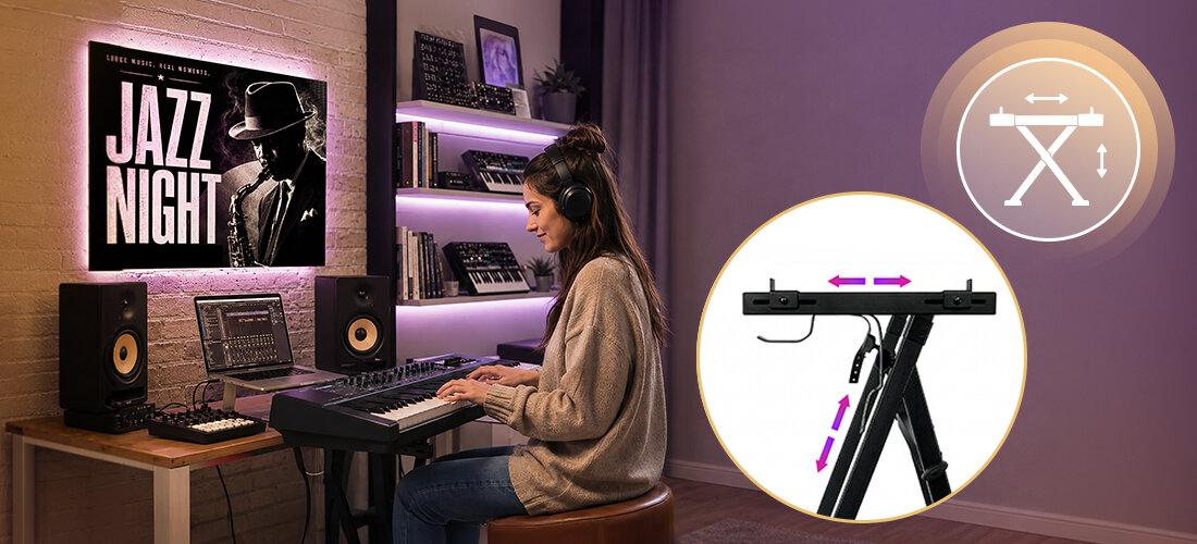 Statyw klawiszowy MUSICMATE MM-AK90 Crescendo, regulacja wysokości, ustawienie do nauki gry, osoba grająca na keyboardzie umiejscowionym na statywie