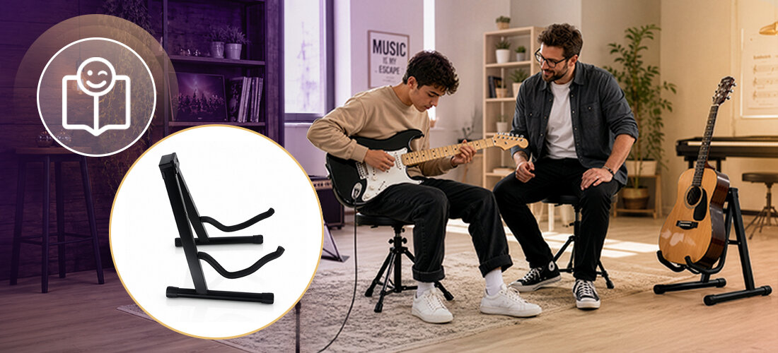 Statyw gitarowy MUSICMATE MM-AG10 Staccato składana konstrukcja pozycja 180 stopni dolne ramiona, gitara postawiona na statywie