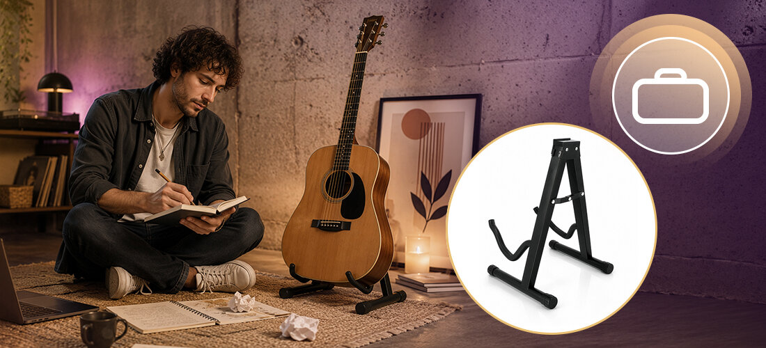 Statyw gitarowy MUSICMATE MM-AG10 Staccato gitara podczas nauki ćwiczeń i strojenia, gitara postawiona na statywie