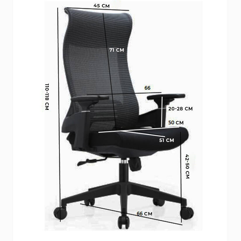 Obraz przedstawia ergonomiczny fotel biurowy obrotowy z siatkowym oparciem i regulowanymi podłokietnikami. Na fotelu widoczne są wymiary: wysokość oparcia 71 cm, szerokość oparcia 45 cm, wysokość całkowita 110-118 cm, szerokość siedziska 51 cm, głębokość siedziska 50 cm, wysokość siedziska 42-50 cm, szerokość podstawy 66 cm, wysokość podłokietników 20-28 cm.