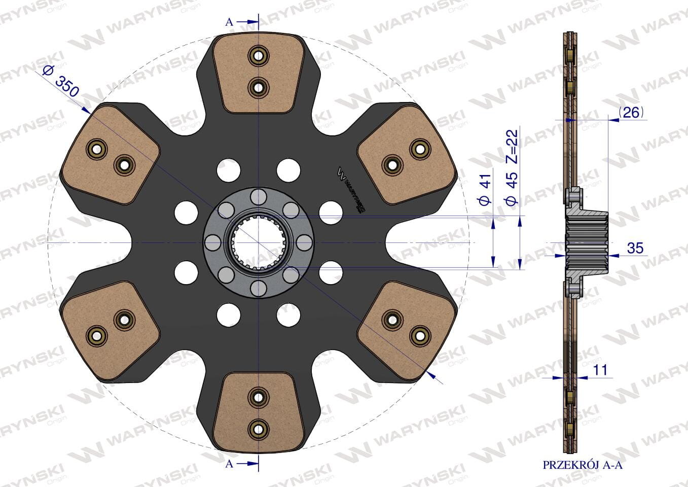 Rysunek techniczny przedstawia tarczę sprzęgła z sześcioma segmentami, z oznaczeniami wymiarów: średnica 350 mm, średnica otworu 41 mm, średnica otworu 45 mm, z=22. Widoczny jest przekrój A-A oraz logo \'WARYŃSKI\'.