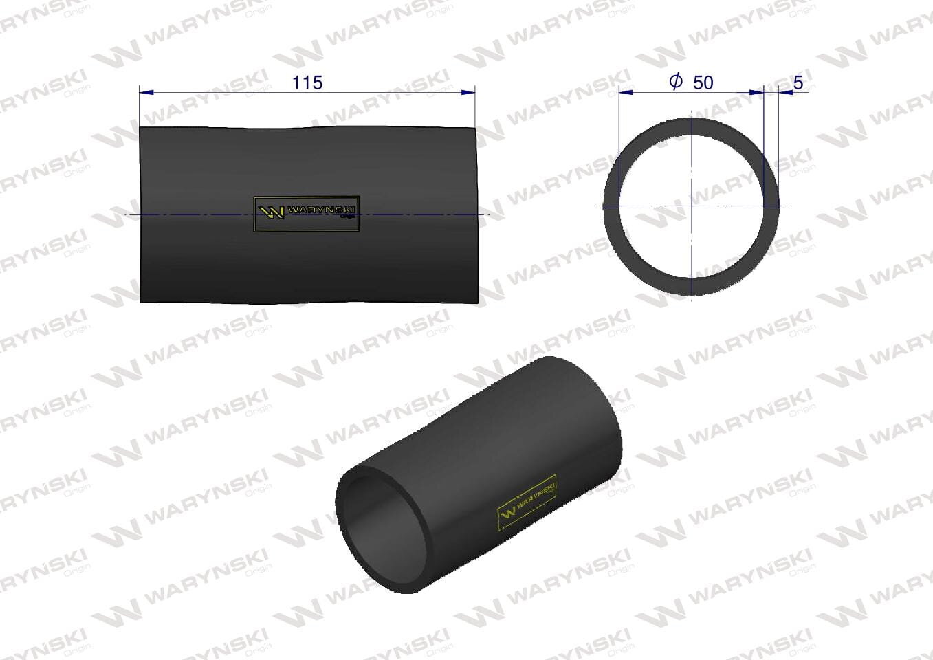 Obraz przedstawia czarny przewód z logo \'WARYŃSKI\' oraz wymiarami: długość 115 mm, średnica zewnętrzna 50 mm i grubość ścianki 5 mm.
