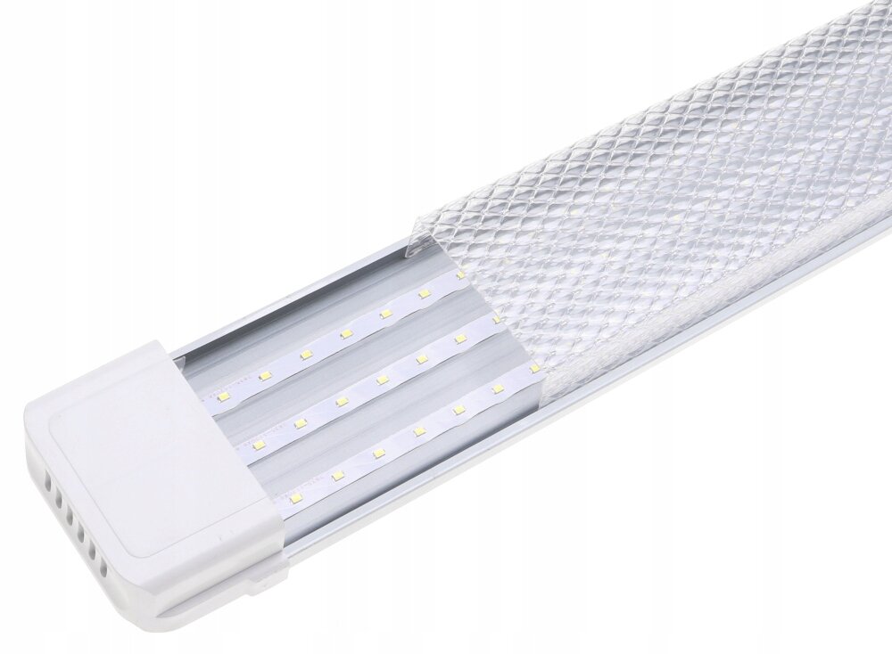 Obraz przedstawia białą świetlówkę LED o długości 120 cm z widocznymi diodami LED na metalowej podstawie. Osłona świetlówki ma teksturę przypominającą siatkę.