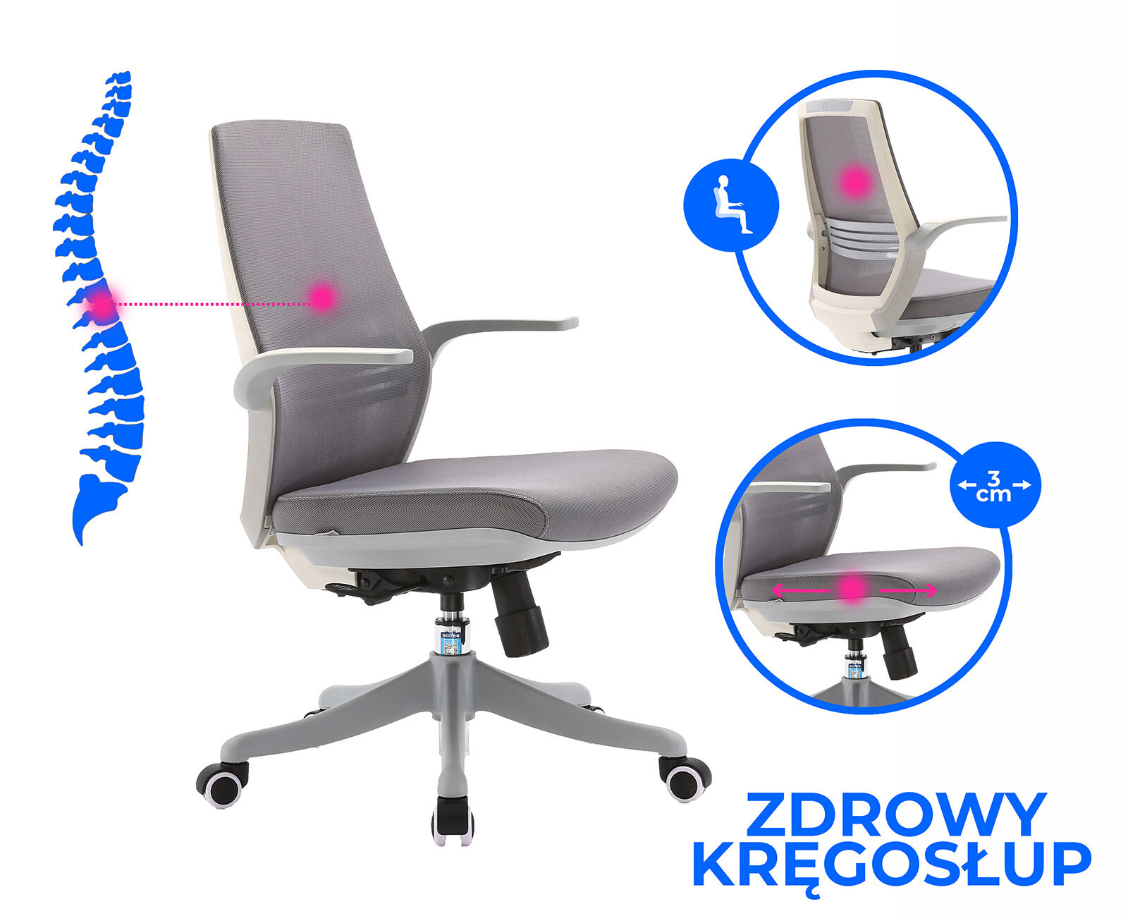 Obraz przedstawia szary fotel biurowy z ergonomicznym oparciem i regulacją wysokości. Obok fotela widoczna jest grafika kręgosłupa oraz napisy \'ZDROWY KRĘGOSŁUP\'.