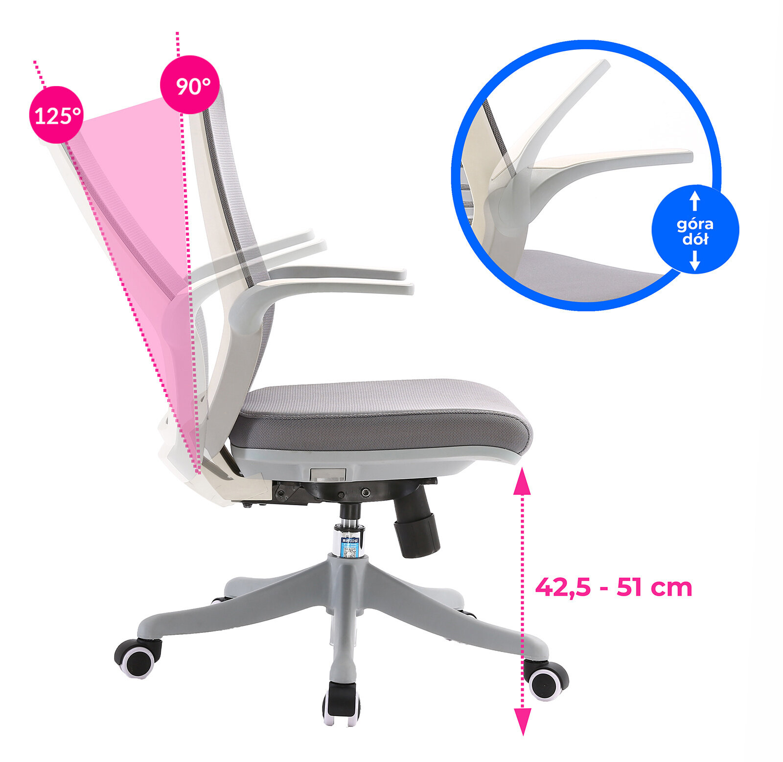 Obraz przedstawia ergonomiczny fotel biurowy obrotowy z regulowanym oparciem w zakresie 90° do 125° oraz regulacją wysokości siedziska od 42,5 do 51 cm. Na obrazie widoczny jest również schemat regulacji podłokietników z oznaczeniem \'góra dół\'.