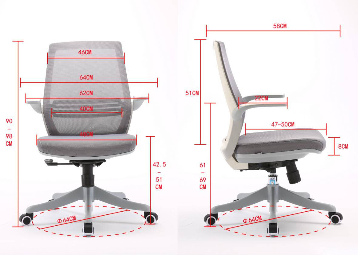 Obraz przedstawia ergonomiczny fotel biurowy obrotowy z siatkowym oparciem i podłokietnikami, z zaznaczonymi wymiarami w centymetrach. Wymiary obejmują szerokość, wysokość i głębokość różnych części fotela, takich jak siedzisko, oparcie i podstawa.