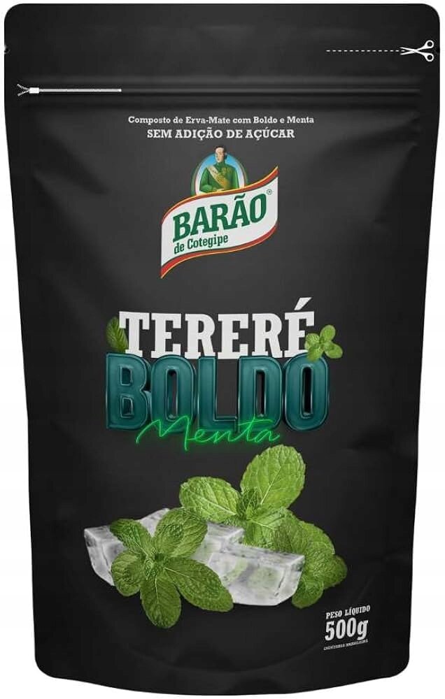 Czarna opakowanie z napisem \'BARÃO de Cotegipe TERERÉ BOLDO Menta\'. Widoczne są liście mięty i kostki lodu, a waga produktu to 500g.