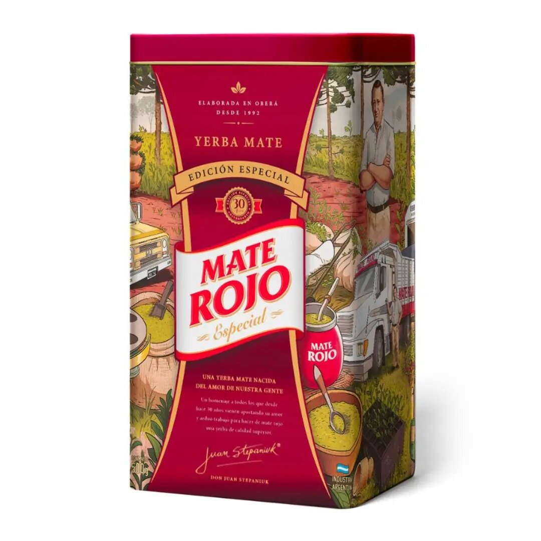 Metalowa puszka z napisem \'Mate Rojo Especial\' oraz ilustracjami przedstawiającymi sceny związane z produkcją yerba mate. Na opakowaniu widnieje również tekst \'Yerba Mate Edición Especial\' oraz \'Elaborada en Oberá desde 1992\'.