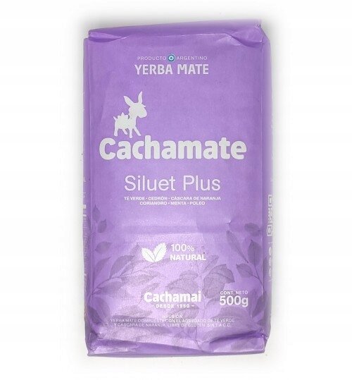 Fioletowe opakowanie Yerba Mate Cachamate Siluet Plus 500g z białym logo przedstawiającym osła. Na opakowaniu widnieje napis: \'Producto Argentino Yerba Mate Cachamate Siluet Plus 100% Natural Cachamai Desde 1950 Cont. Neto 500g\'.