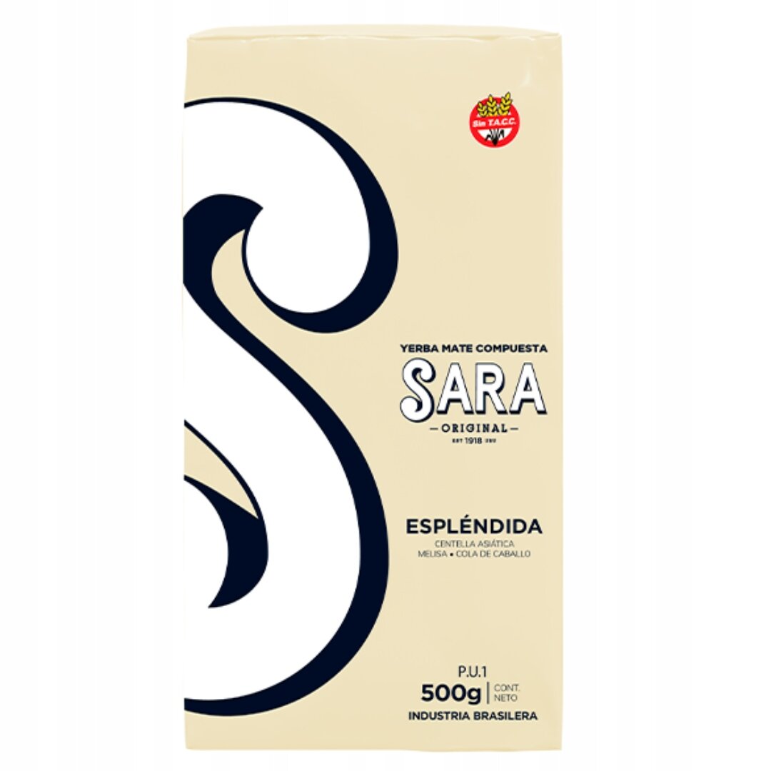 Opakowanie Yerba Mate Compuesta Sara Espléndida z dużym ozdobnym wzorem i tekstem: \'Yerba Mate Compuesta Sara Original Espléndida Centella Asiática Melisa Cola de Caballo P.U.1 500g Cont. Neto Industria Brasilera\'.