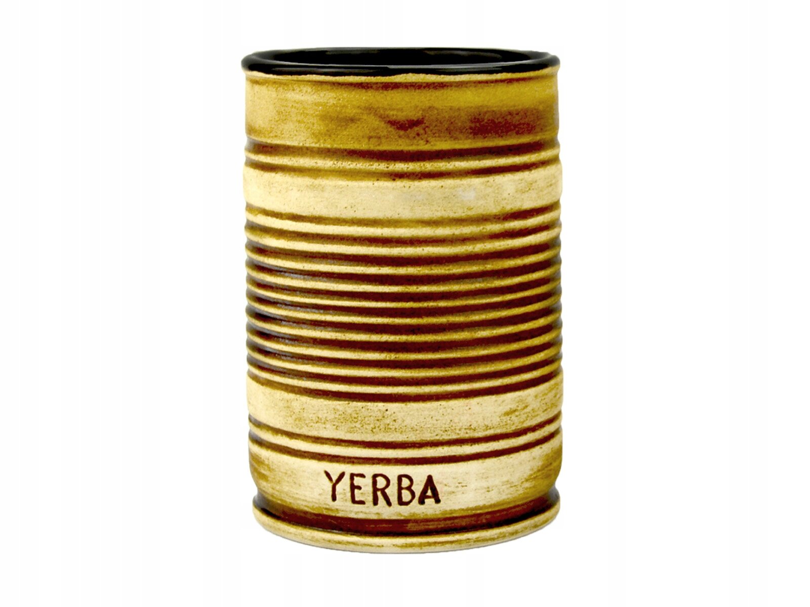 Brązowe, ceramiczne naczynie o cylindrycznym kształcie z poziomymi żłobieniami i napisem \'YERBA\' na dole.
