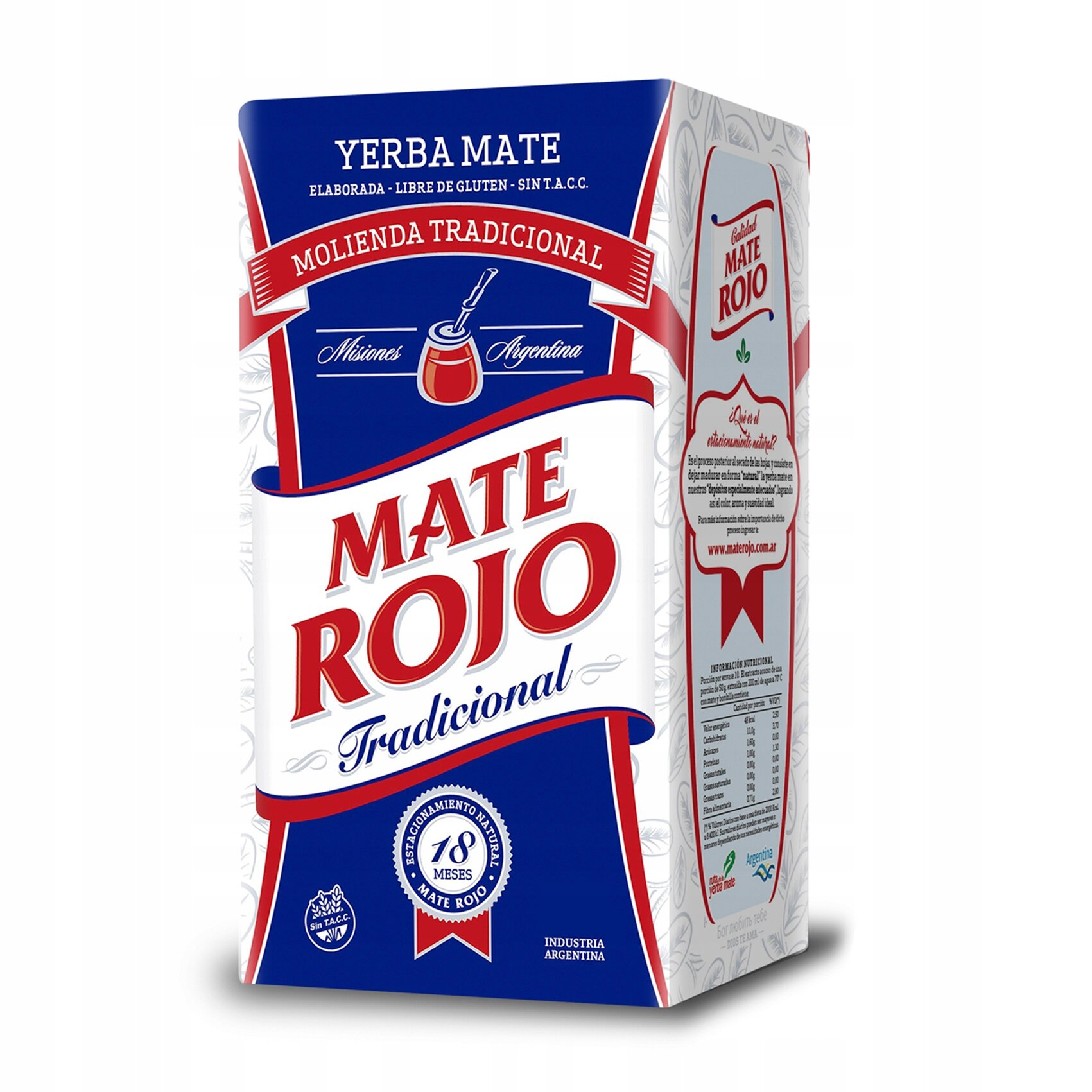 Opakowanie Yerba Mate Rojo Elaborada Molienda Tradicional 500g w kolorach czerwonym, białym i niebieskim z napisem \'MATE ROJO Tradicional\'. Widoczne są również napisy \'YERBA MATE\', \'MOLIENDA TRADICIONAL\', \'INDUSTRIA ARGENTINA\' oraz logo z napisem \'SIN T.A.C.C.\'.