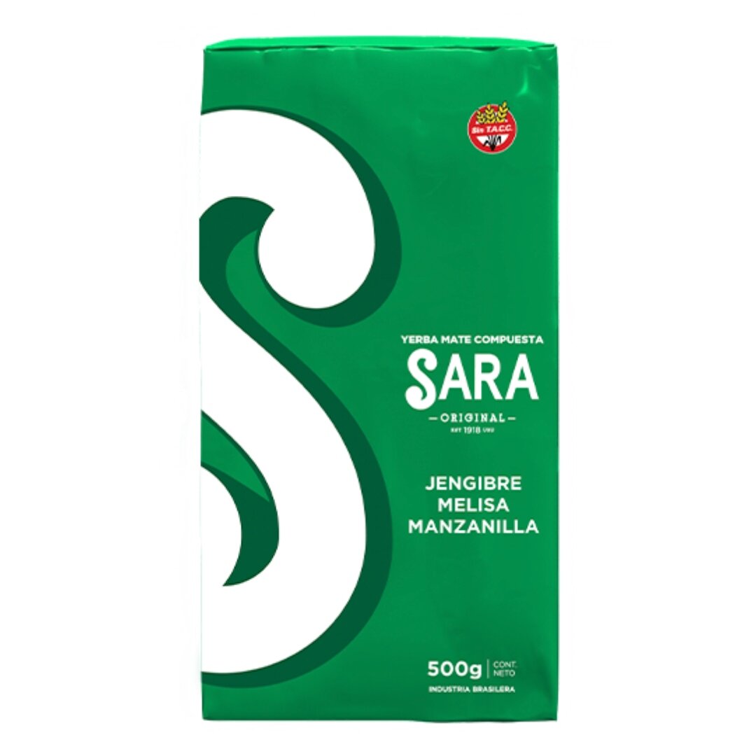Opakowanie Yerba Mate Sara Compuesta z ziołami, o wadze 500g, w kolorze zielonym z białymi napisami. Widoczny tekst: \'YERBA MATE COMPUESTA SARA ORIGINAL JENGIBRE MELISA MANZANILLA 500g CONT NETO INDUSTRIA BRASILERA\'.