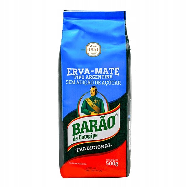 Opakowanie Yerba Mate Barao De Cotegipe Tradicional Tipo Argentina 500g z niebiesko-czerwonym tłem i logo \'BARÃO de Cotegipe\'. Widoczny tekst: \'ERVA-MATE TIPO ARGENTINA SEM ADIÇÃO DE AÇÚCAR\'.