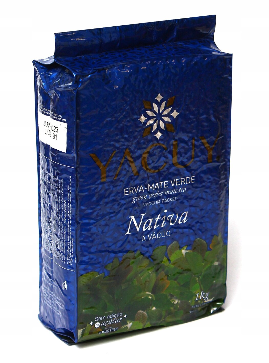 Opakowanie Yerba Mate Yacuy Nativa Moida Gross Chimarrao 1kg w kolorze niebieskim z widocznym logo Yacuy i napisem \'ERVA-MATE VERDE green yerba mate tea VACUUM PACKED\'.