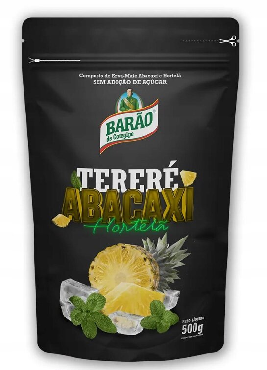 Opakowanie Yerba Mate Barao TERERE Menta Abacaxi 500g z widocznym logo \'Barao de Cotegipe\'. Na opakowaniu znajdują się grafiki ananasa, kostek lodu i liści mięty oraz tekst \'TERERÉ ABACAXI Hortelã\'.